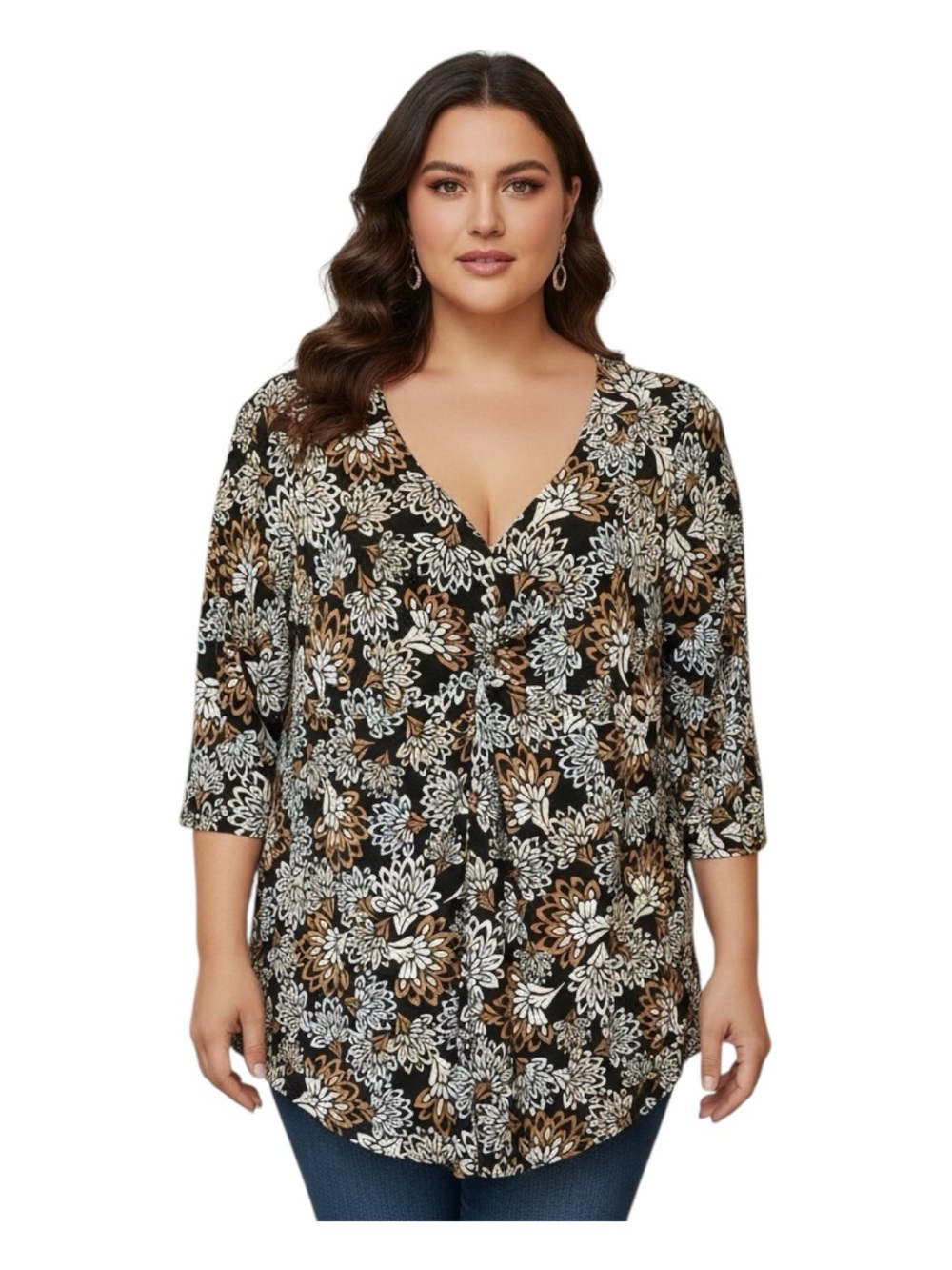 Cato Plus Size 18/20 Black Floral Blouse with White & Brown Print Stretch